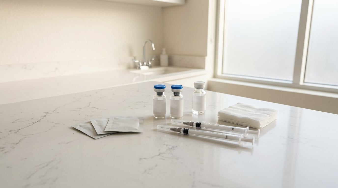 Three vials, three syringes, four sterile packets, and a stack of gauze pads are arranged on a white marble counter in a bright room with a sink and a frosted window.