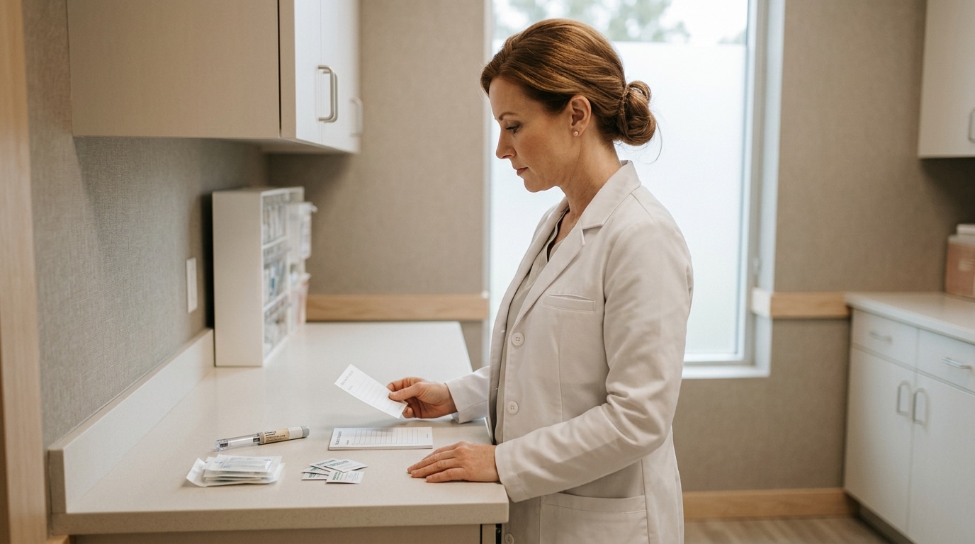 A female medical professional in a white lab coat stands at a counter, holding a document and looking down at it, with an injector pen and other medical supplies on the counter beside her.