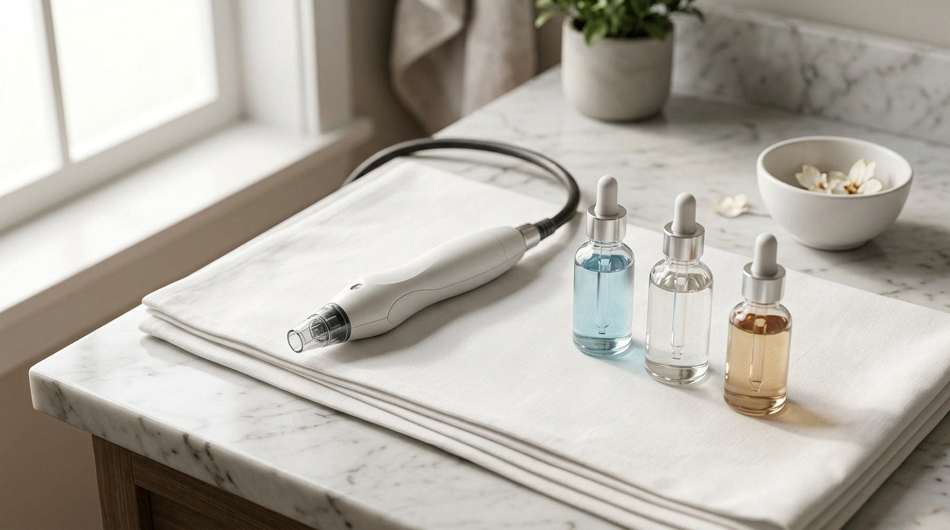 A close-up of a white hydrafacial handpiece and three serum bottles on a folded white towel on a marble counter next to a window.