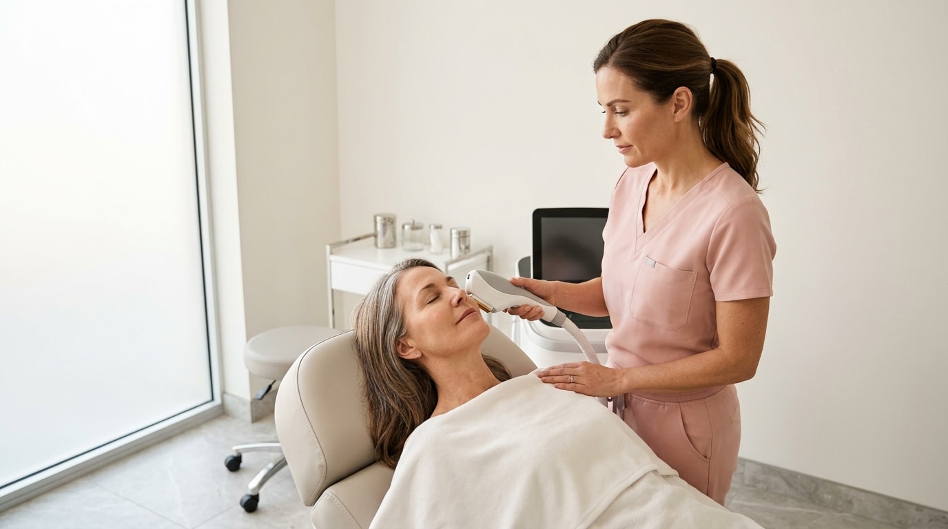 A medical professional uses a modern IPL device to perform a facial treatment on a patient lying in a chair in a bright clinic room.