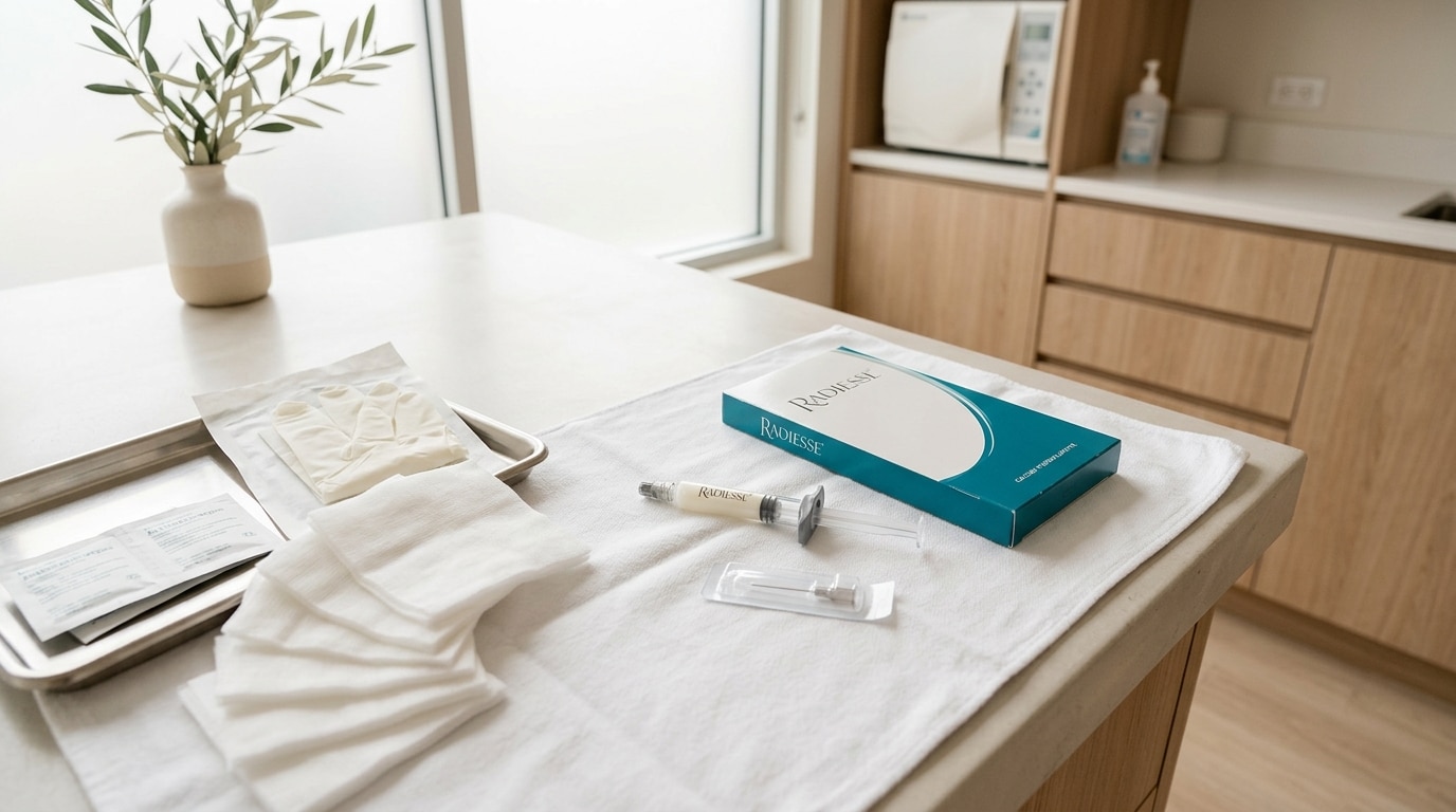 Radiesse dermal filler product packaging, a pre-filled syringe, and sterile supplies are arranged on a counter in a clinical setting.