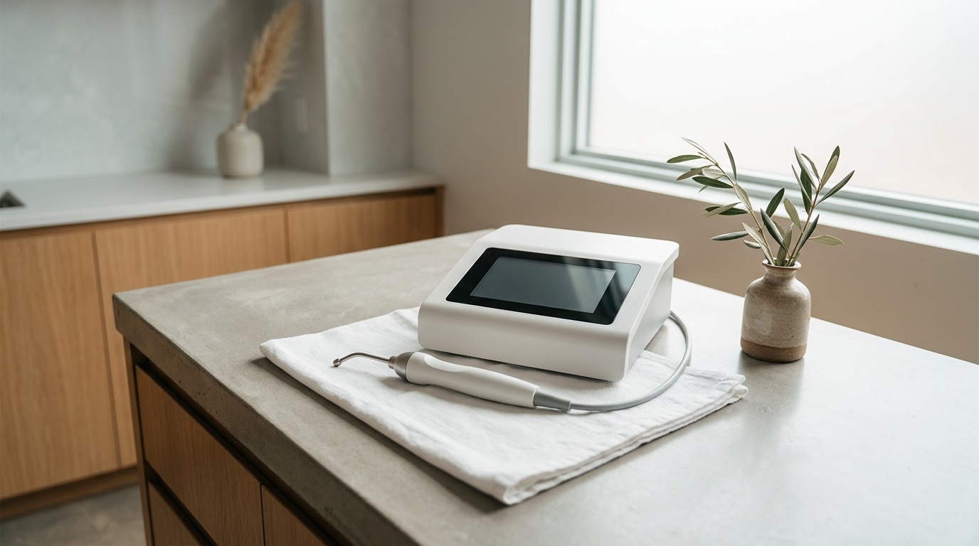 A white medical device with a screen and an attached handpiece rests on a white cloth on a light-colored counter next to a small vase with olive branches.