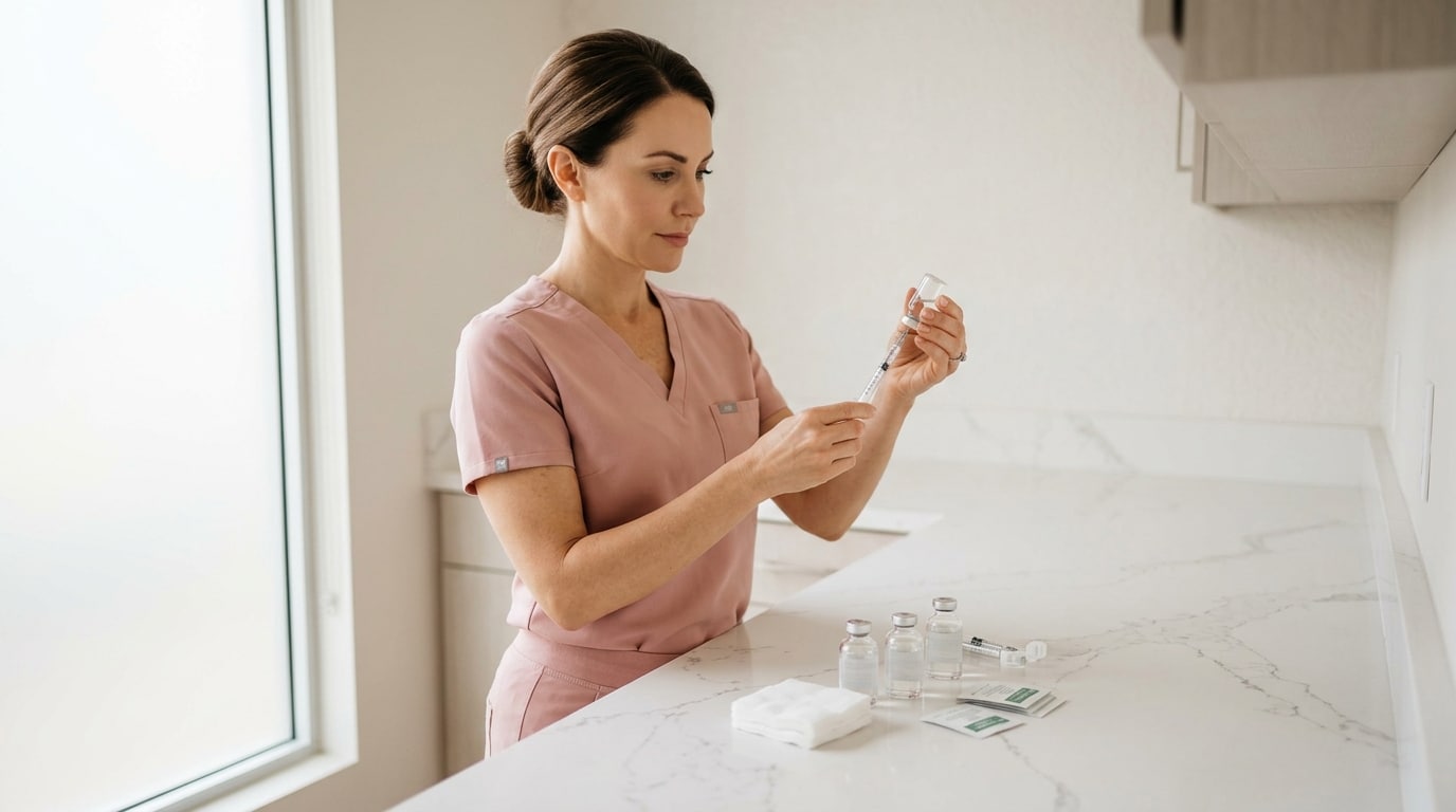 A medical professional in pink scrubs is preparing a syringe with medication from a vial on a clean white countertop in a treatment room.