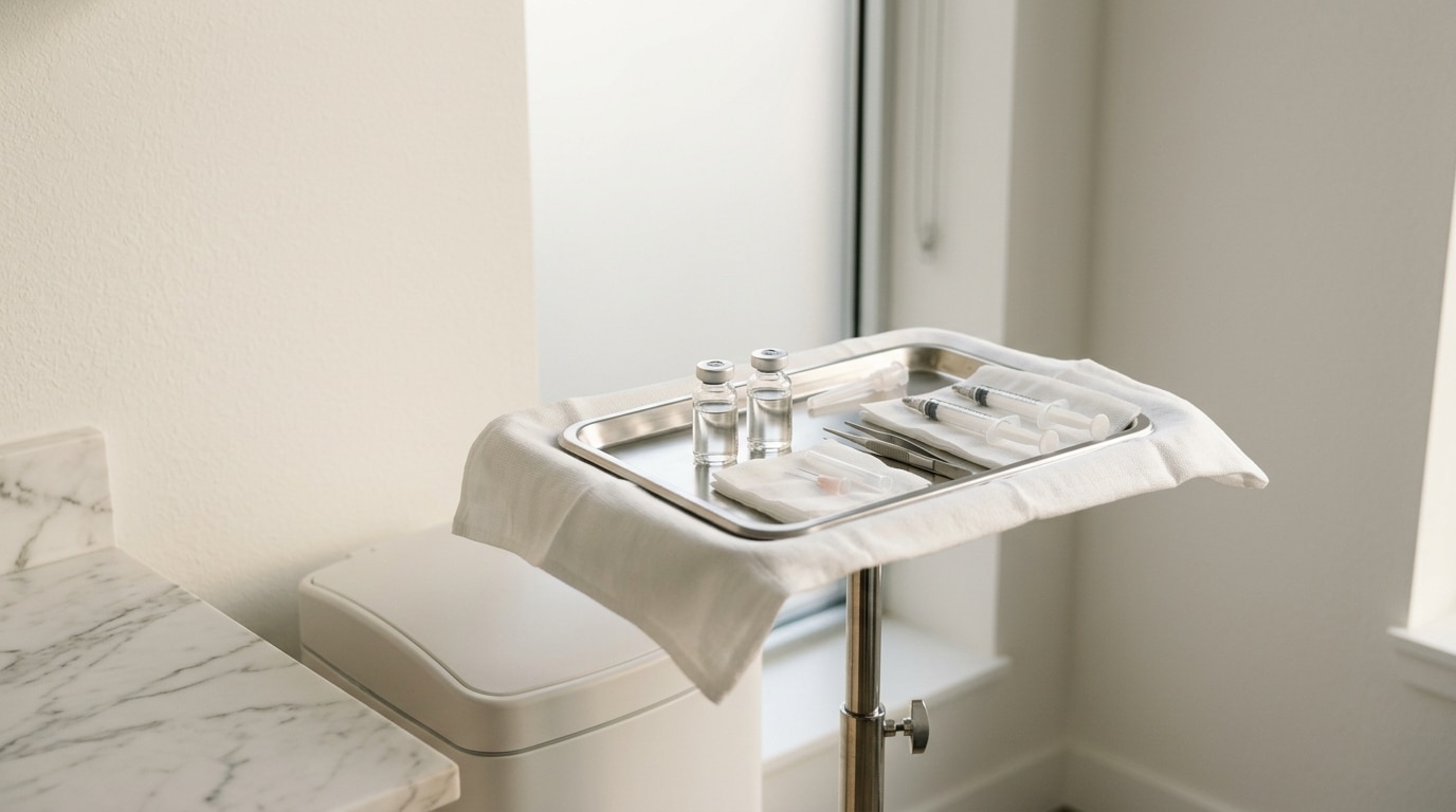 A close-up view of a sterile medical tray holding several vials, syringes, and preparation supplies in a clinical setting.